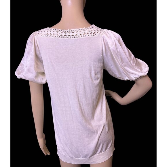 BCBG Crochet Large Silk Cotton Puffed Sleeve Pullover Ivory Cottagecore Size L - Picture 3 of 13